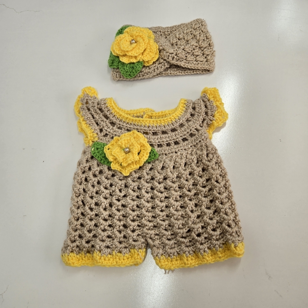 Handmade Crochet Baby 0-3 Month One‎ Piece Outfit With Band Floral Sunny Artsy